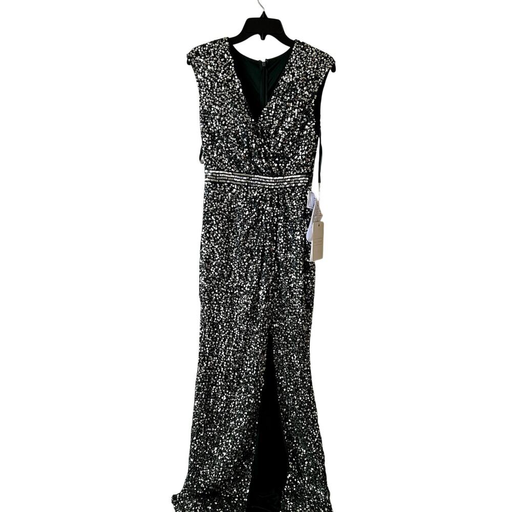 Mac Duggal 5489 Cap Sleeve Sequined High Slit Gown Green maxi dress size 2 C10 - Picture 3 of 7